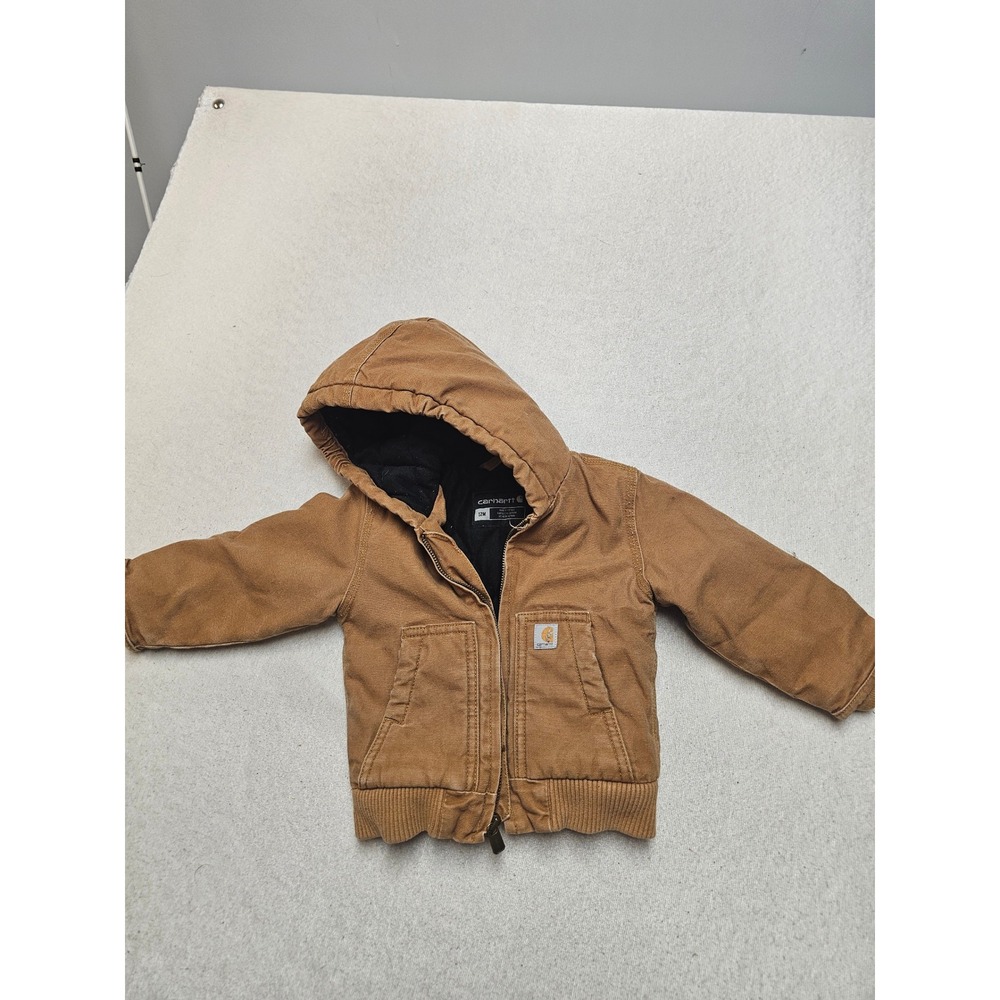 Carhartt Baby Boy 12M Brown Duck Canvas Hooded Active Jacket Quilted Lining